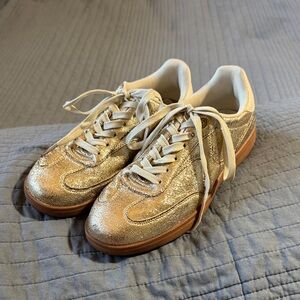Nicole Miller Metallic Gold Lace-Up Sneakers with Gum Sole